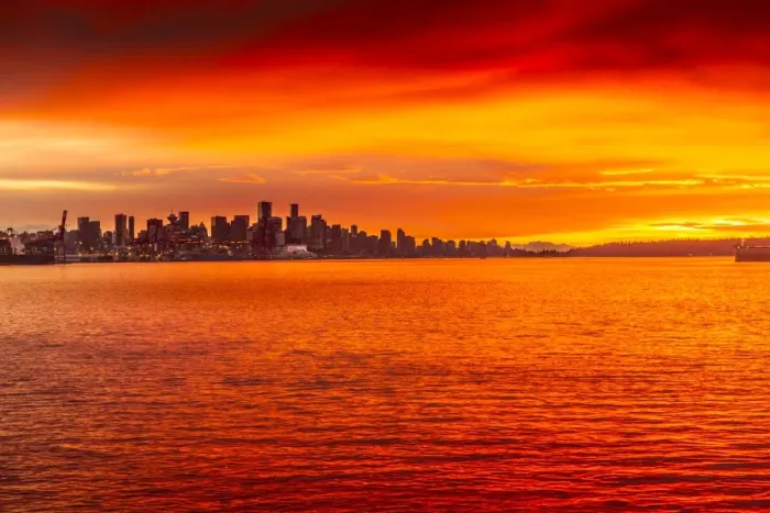 Framed Print : View of Vancouver Skyline from North Vancouver at sunset, British Columbia, Canada Framed Print : View of Vancouver Skyline from North Vancouver at sunset, British Columbia, Canada