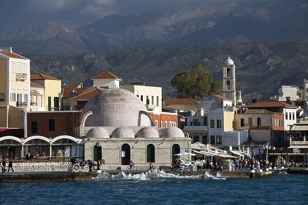 View over Venetian Harbour to Mosque of the Janissaries, Chania (Hania), Chania region, Crete, Greek Islands, Greece, Europe