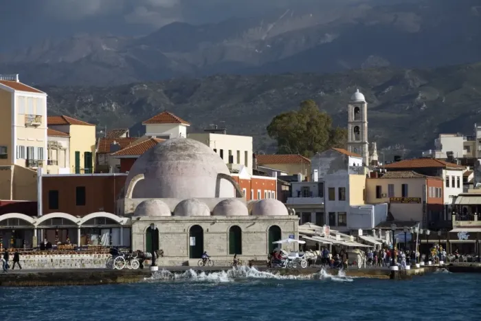 Framed Print : View over Venetian Harbour to Mosque of the Janissaries, Chania (Hania), Chania region, Crete, Greek Islands, Greece, Europe Framed Print : View over Venetian Harbour to Mosque of the Janissaries, Chania (Hania), Chania region, Crete, Greek Islands, Greece, Europe