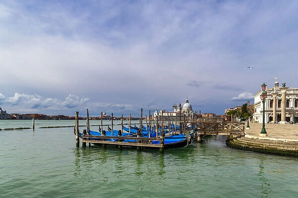 View of the Venetian lagoon with gondolas moored on the Grand Canal, Riva degli Schiavoni, Venice, UNESCO World Heritage Site, Veneto, Italy, Europe