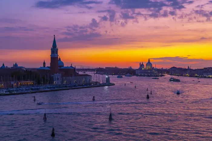 Framed Print : View of Venice skyline and red sky from cruise ship at dusk, Venice, UNESCO World Framed Print : View of Venice skyline and red sky from cruise ship at dusk, Venice, UNESCO World