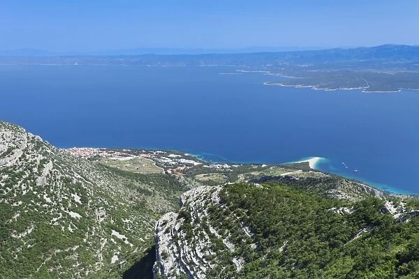 View from Vidova Gora to Bol, Zlatni Rat beach and Hvar Island, Brac island, Dalmatia, Croatia, Europe