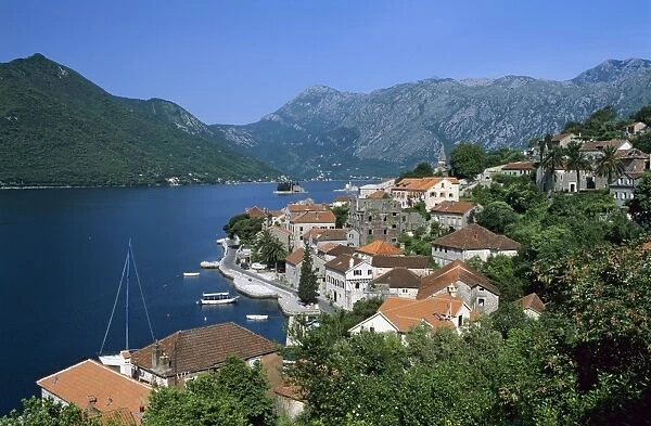 View over village and the Boka, Perast, The Boka Kotorska (Bay of Kotor), UNESCO World Heritage Site, Montenegro, Europe