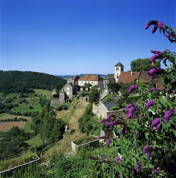 View over village, Chateau Chalon, Jura, Franche Comte, France, Europe