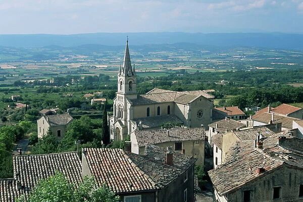 View over village and church to Luberon countryside, Bonnieux, Vaucluse