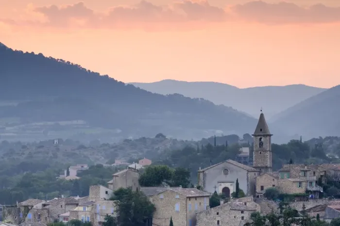 Framed Print : View of village at dawn, Mirabel aux Baronnies, Provence, France, Europe Framed Print : View of village at dawn, Mirabel aux Baronnies, Provence, France, Europe
