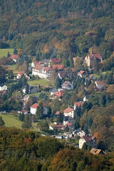 View of village from Konigstein Fortress, Saxony, Germany, Europe