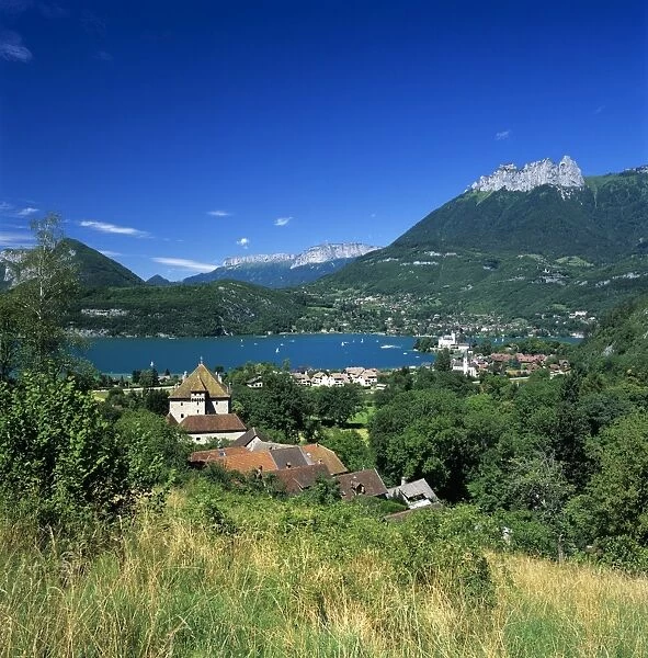 View over village to lake, Duingt, Lake Annecy, Rhone Alpes, France, Europe