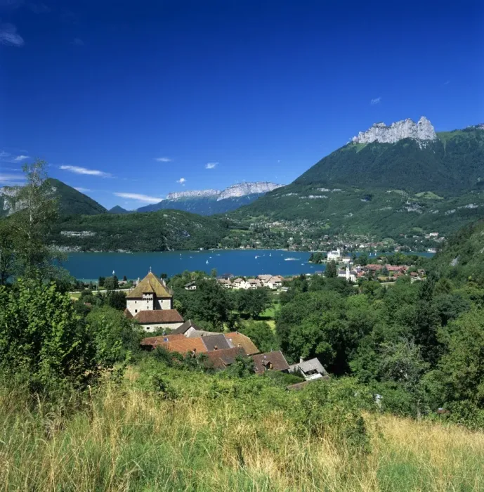 Framed Print : View over village to lake, Duingt, Lake Annecy, Rhone Alpes, France, Europe Framed Print : View over village to lake, Duingt, Lake Annecy, Rhone Alpes, France, Europe