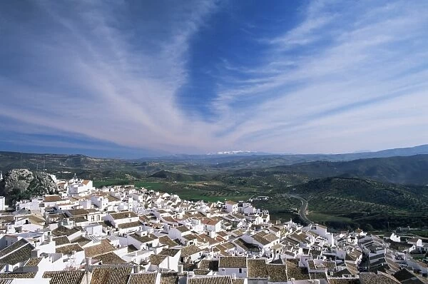 View over village rooftops to distant snow-capped mountains