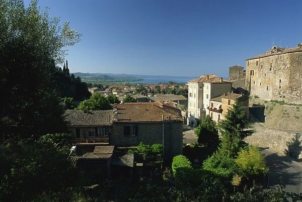 View over village rooftops to Lake Bolsena