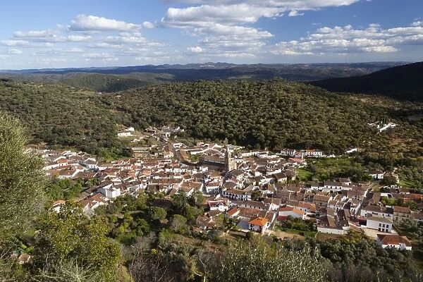 View over village and Sierra de Aracena from the Pena de Arias Montano, Alajar, Huelva, Andalucia, Spain, Europe