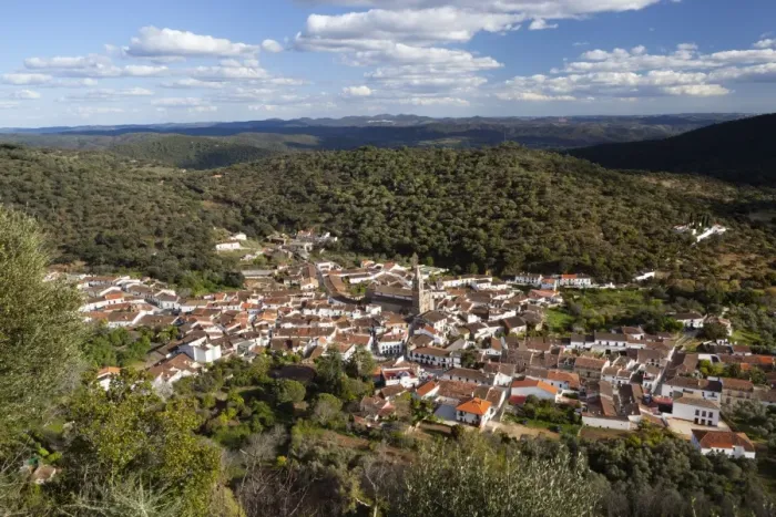 Framed Print : View over village and Sierra de Aracena from the Pena de Arias Montano, Alajar, Huelva, Andalucia, Spain, Europe Framed Print : View over village and Sierra de Aracena from the Pena de Arias Montano, Alajar, Huelva, Andalucia, Spain, Europe