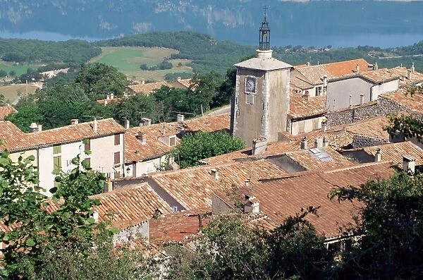 View over village to Ste. Croix Lake, Aiguines, Var, Cote d Azur, Provence