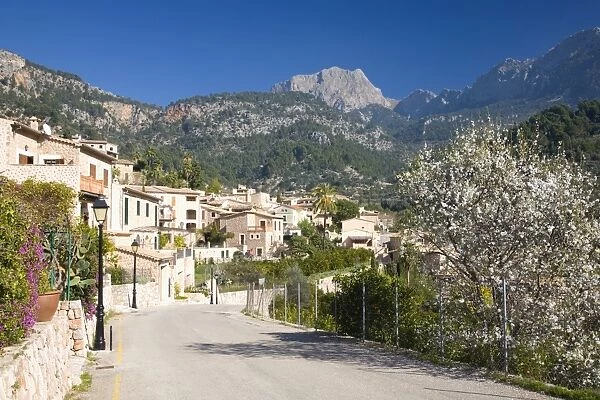 View along village street to Puig Major, the islands highest peak