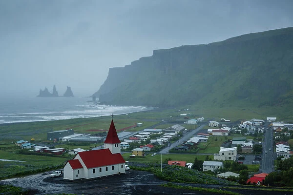 View over the village of Vik on a rainy day, Iceland, Polar Regions