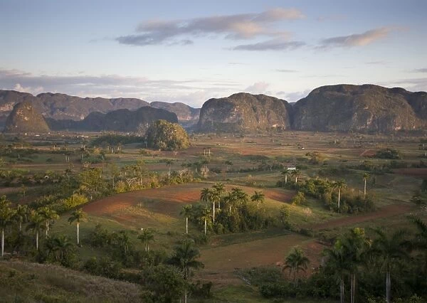 View of Vinales Valley at dawn from grounds of Hotel Los Jasmines showing limestone hills known as Mogotes characteristic of the region, near Vinales, Pinar Del Rio, Cuba, West Indies