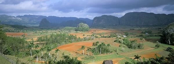 View over Vinales valley towards tobacco plantations and Mogotes, from Hotel Los Jasmines