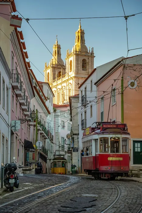 Framed Print : View of vintage tram and colourful buildings in the Alfama District on a sunny day, Lisbon, Portugal, Europe