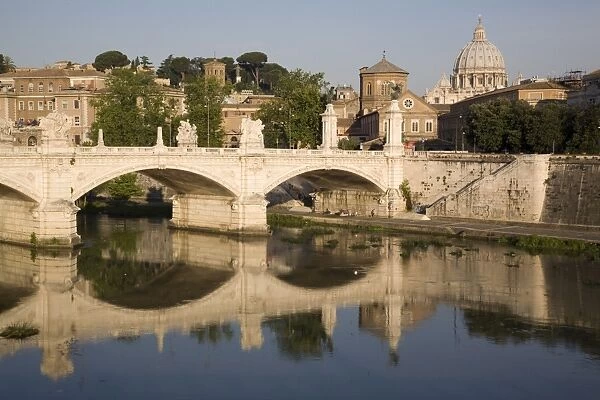 View of Vittorio Emanuele II Bridge, with St. Peters dome, Rome, Lazio, Italy, Europe