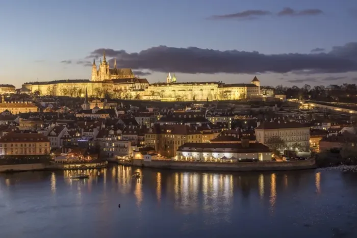 Framed Print : View of the Vltava River framed by historical buildings at dusk, Prague, Czech Republic Framed Print : View of the Vltava River framed by historical buildings at dusk, Prague, Czech Republic