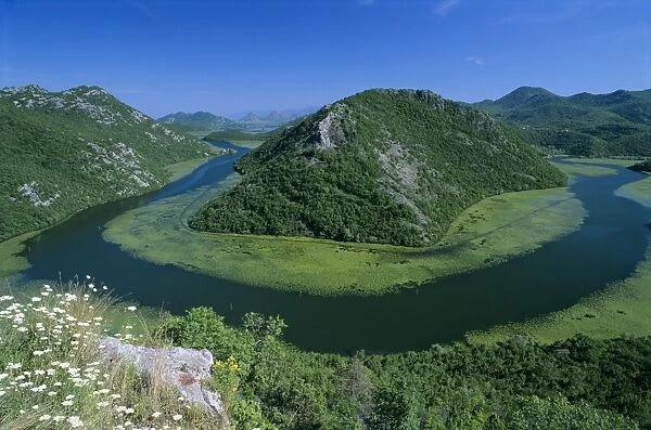 View over Vranjina and Skadar Lake, Skadar Lake National Park, Haj Nehaj, Montenegro, Europe