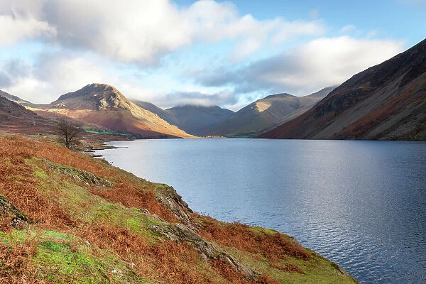 A view of Wast Water towards Scafell Pike on a bright sunny day, Lake District, Cumbria