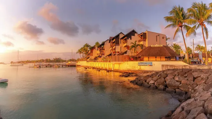 Framed Print : View of waterside apartments in Grand Bay at sunset, Mauritius, Indian Ocean, Africa Framed Print : View of waterside apartments in Grand Bay at sunset, Mauritius, Indian Ocean, Africa