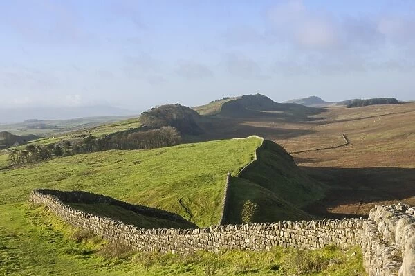 View west from Kings Hill to Housesteads Crags and Cuddys Crags, Hadrians Wall, UNESCO World Heritage Site, Northumbria, England, United Kingdom, Europe
