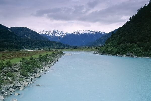 View up Whatoroa River to the mountains of the Southern Alps
