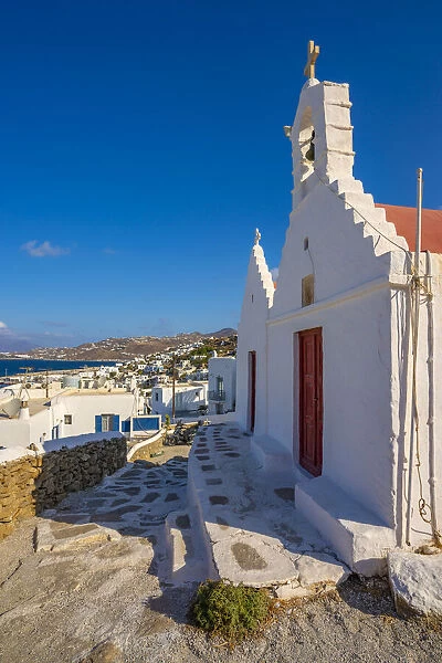 View of whitewashed chapel overlooking town, Mykonos Town, Mykonos, Cyclades Islands
