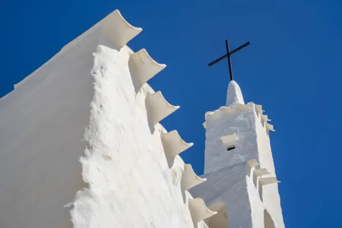 Framed Print : View of whitewashed church and blue sky, Binibequer Vell, Menorca, Balearic Islands, Spain, Mediterranean, Europe Framed Print : View of whitewashed church and blue sky, Binibequer Vell, Menorca, Balearic Islands, Spain, Mediterranean, Europe