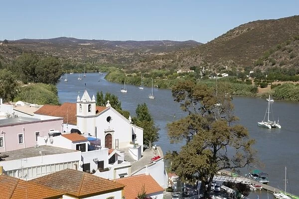 View over whitewashed village of Alcoutim on Rio Guadiana river, Alcoutim, Algarve
