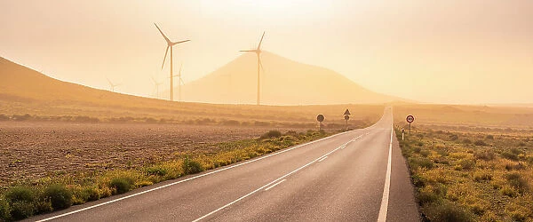 View of wind turbines and landscape near Tinajo, Tinajo, Lanzarote, Las Palmas, Canary Islands, Spain, Atlantic, Europe
