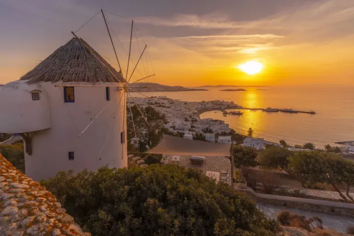 Framed Print : View of windmill overlooking town at golden sunset, Mykonos Town, Mykonos Framed Print : View of windmill overlooking town at golden sunset, Mykonos Town, Mykonos