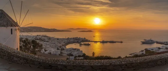 Framed Print : View of windmill overlooking town at golden sunset, Mykonos Town, Mykonos Framed Print : View of windmill overlooking town at golden sunset, Mykonos Town, Mykonos