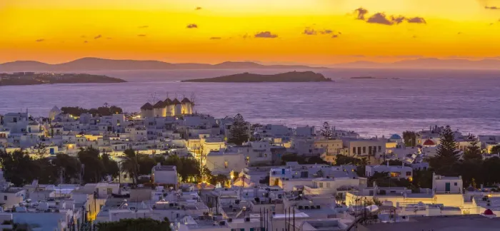 Framed Print : View of windmills and Aegean Sea from elevated position at sunset, Mykonos Town, Mykonos Framed Print : View of windmills and Aegean Sea from elevated position at sunset, Mykonos Town, Mykonos