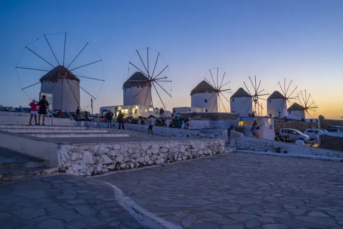Framed Print : View of the windmills in Mykonos Town at dusk, Mykonos, Cyclades Islands, Greek Islands Framed Print : View of the windmills in Mykonos Town at dusk, Mykonos, Cyclades Islands, Greek Islands