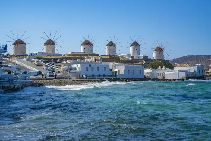 Framed Print : View of the windmills in Mykonos Town, Mykonos, Cyclades Islands, Greek Islands Framed Print : View of the windmills in Mykonos Town, Mykonos, Cyclades Islands, Greek Islands