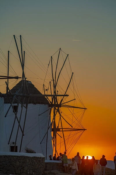 View of windmills at sunset, Mykonos Town, Mykonos, Cyclades Islands, Greek Islands