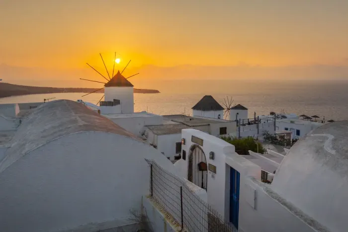 Framed Print : View of windmills at sunset in Oia village, Santorini, Aegean Island, Cyclades Island Framed Print : View of windmills at sunset in Oia village, Santorini, Aegean Island, Cyclades Island