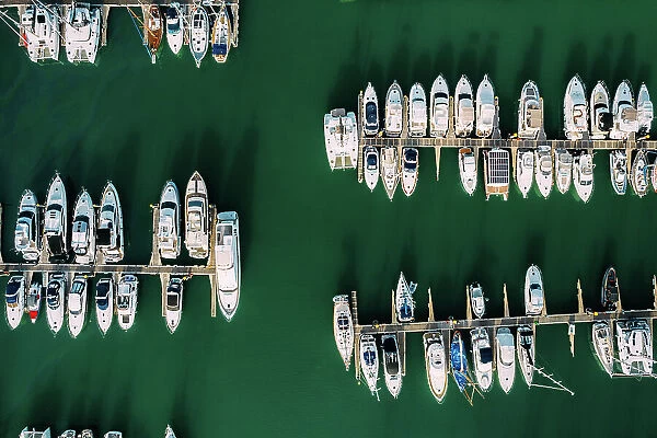 Top down view of yachts at Vilamoura Marina in Algarve, Portugal