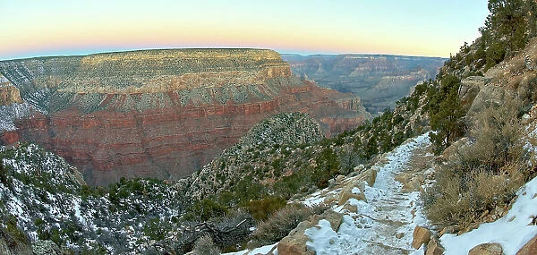 View of Yuma Point from Hermit Trail in winter at Grand Canyon, Grand Canyon National Park, UNESCO World Heritage Site, Arizona, United States of America, North America