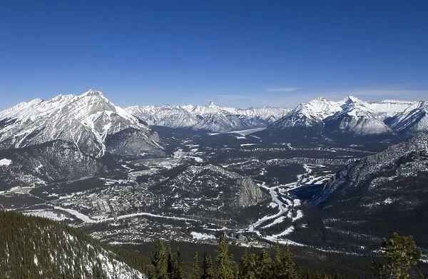 Views of Banff and the Bow Valley surrounded by the Rocky Mountains from the top of Sulphur Mountain, Banff National Park, UNESCO World Heritage Site, Alberta, Canada
