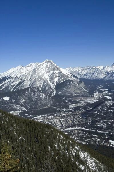 Views of Banff and the Bow Valley surrounded by the Rocky Mountains from the top of Sulphur Mountain, Banff National Park, UNESCO World Heritage Site, Alberta, Canada