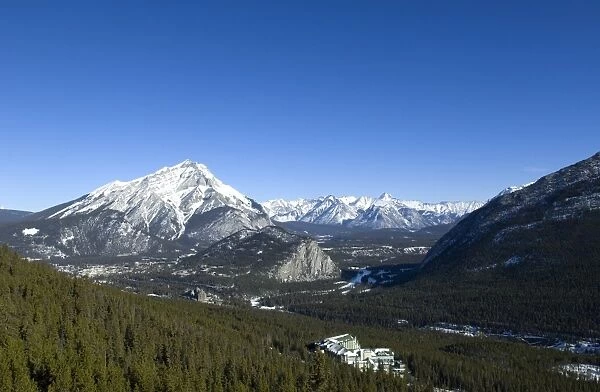 Views of Banff and the Bow Valley surrounded by Rocky Mountains from the top of Sulphur Mountain