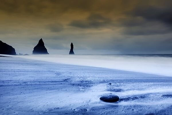 Vik black volcanic sand beach, Vik, Iceland, Polar Regions
