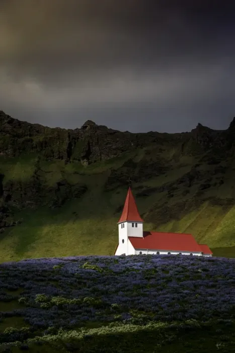 Framed Print : Vik church and lupine flowers, South Region, Iceland, Polar Regions Framed Print : Vik church and lupine flowers, South Region, Iceland, Polar Regions