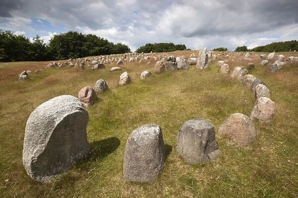 Viking burial ground with stones placed in oval outline of a Viking ship, Lindholm Hoje, Aalborg, Jutland, Denmark, Scandinavia, Europe