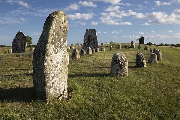 Viking stone ship burial ground of Gettlinge and windmill, Gettlinge, Oland, Southeast Sweden